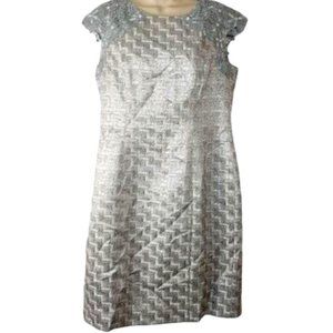 Katherine Kelly Silver Shimmer Metallic Crochet Beaded Sheath Dress
